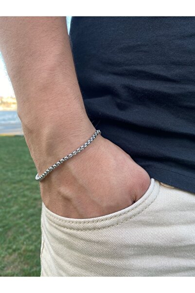MEKKANMODA Erkek Gümüş Gri Renk Örme Zincir Çelik Bileklik