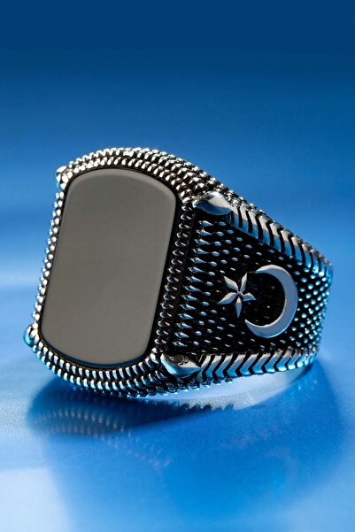 Anı Yüzük Erkek Ay Yıldızlı Siyah Oniks Taşlı Özel Tasarım 925 Ayar Gümüş Yüz...