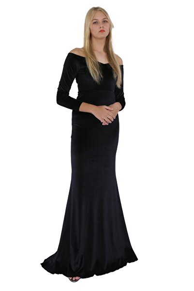 Styling Park Omzu Açık Uzun Kadife Elbise