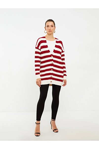 LC Waikiki V Yaka Çizgili Uzun Kollu Kadın Triko Hırka