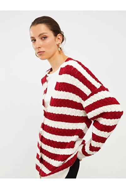 LC Waikiki V Yaka Çizgili Uzun Kollu Kadın Triko Hırka