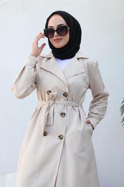 benguen 5853 Boyfriend Hijab Trench Coat Beige