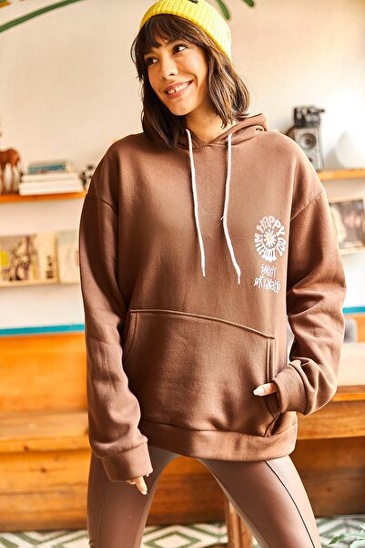 Olalook Γυναικείο μπλουζάκι Bitter Brown Happy μπροστά πίσω με στάμπα με κουκούλα με ραβδώσεις oversize SWT-19000570