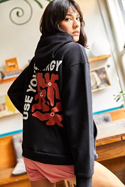 Olalook Дамски суичър Oversize с качулка и рипсени черни Energy отпред и отза...