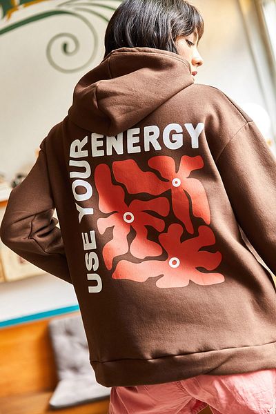 Olalook Дамски горчив кафяв суичър Energy отпред и отзад с щампи с качулка и оребрени големи размери SWT-19000574