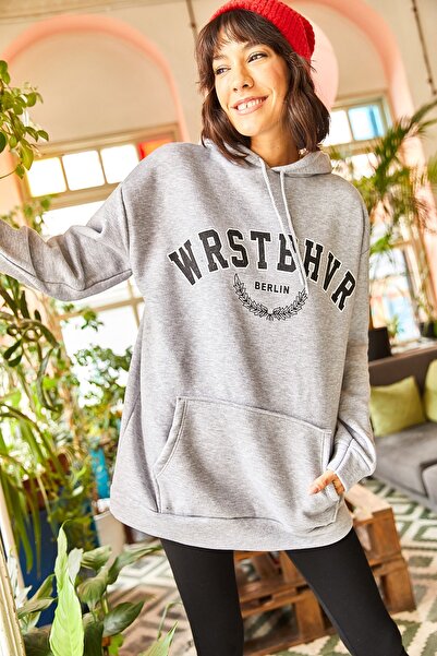 Olalook Жіночий сірий світшот з принтом "Найгірша поведінка" з капюшоном На флісі Oversized Sweatshirt SWT19000572