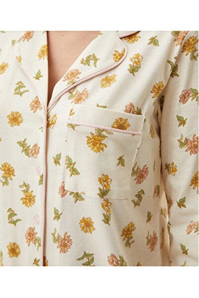 LC Waikiki Dámská bavlněná pyžama s dlouhým rukávem s květinovým vzorem