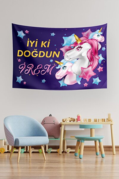 Vagonik Isme Kişiye Özel Unicorn Konsept Doğum Günü Parti Duvar Örtüsü