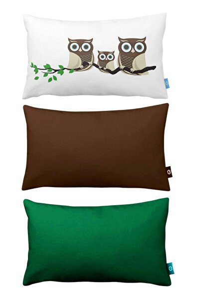 Bc Home 3'lü Baykuş Temalı Dikdörtgen Kırlent Kılıfı Kahverengi-yeşil-beyaz 3...