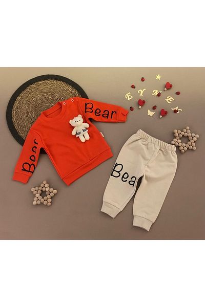 Bebek 2-Piece Tracksuit Set with Teddy Bear Sleeves and Bear Lettering