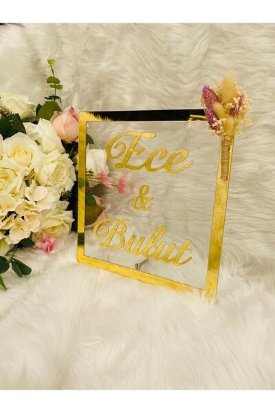 dfeventdesign Masaüstü Pleksi Isimlik Şeffaf Kare Desenli Söz Nişan 26*26 cm