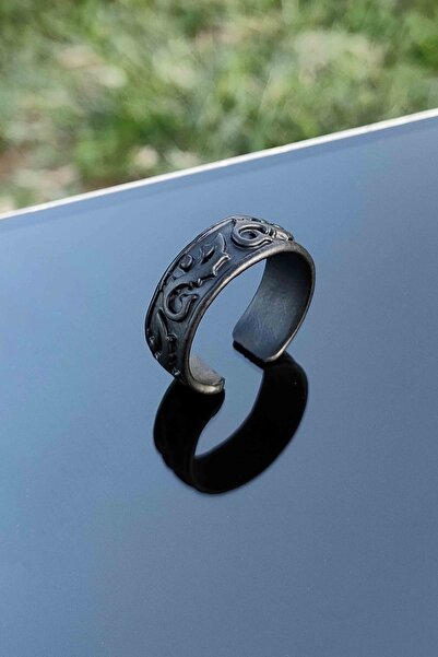 TREND COLLECTİON Antique Motif Wave Pattern Adjustable Black Ring