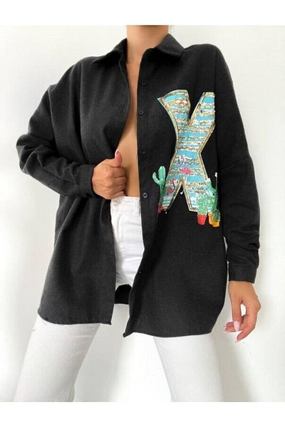 FancyWorld Cămașă neagră din țesătură tricotată cu paiete cu paiete cu model X