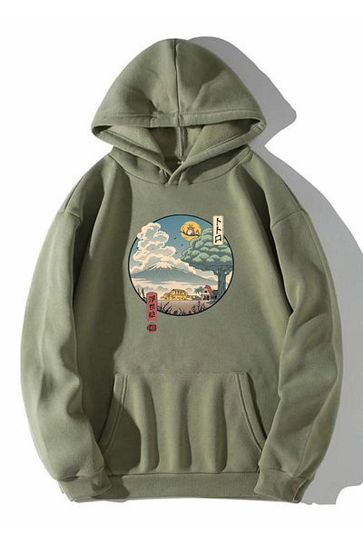 Buğraterzimoda Anime Totoro Printed Unisex Χακί Καγκουρό Φούτερ με κουκούλα με τσέπη