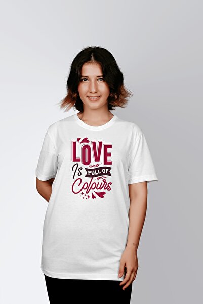 ErTaPassage Λευκό γυναικείο μπλουζάκι «Love Is Full Colors» με τύπωμα - T9066961