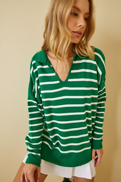 Happiness İstanbul Women's Green White Polo Collar Crop Knitwear Sweatshirt US00293