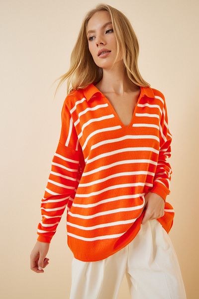 Happiness İstanbul Pulover de damă, portocaliu, alb, cu guler polo, tricotat, US00293