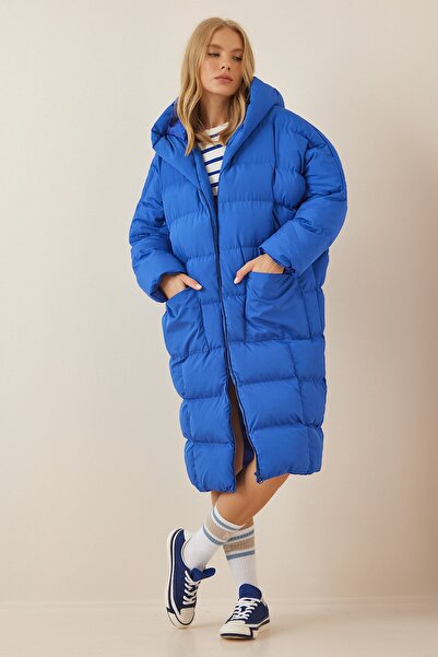 Happiness İstanbul Dámský modrý nafukovací kabát s kapucí AV00029