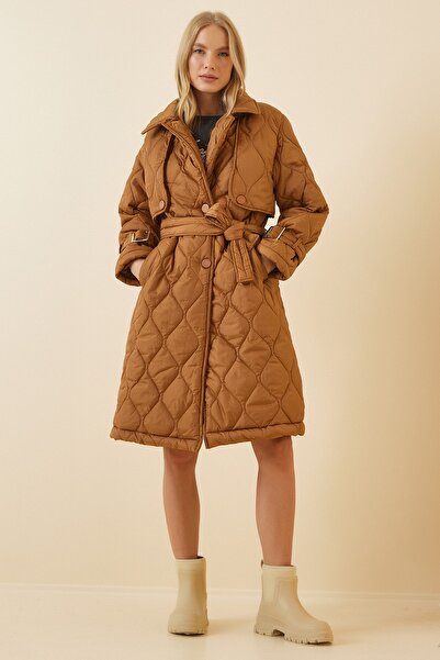 Happiness İstanbul Dámský prošívaný kabát Taba Fisherman Collar CV00027