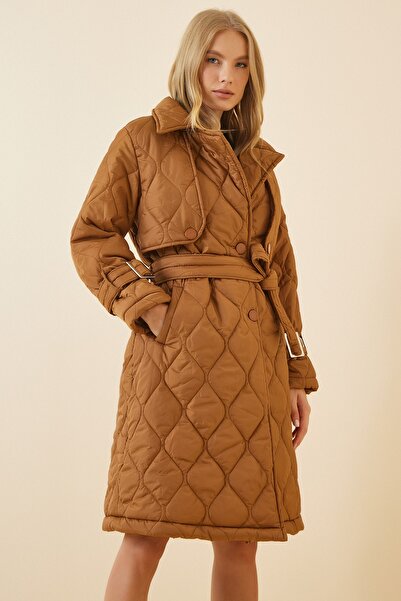 Happiness İstanbul Dámský prošívaný kabát Taba Fisherman Collar CV00027