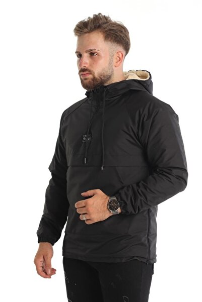 GOOD FASHION Dar Kesim Içi Kürklü Kanguru Cep Erkek Yağmurluk Mont Siyah