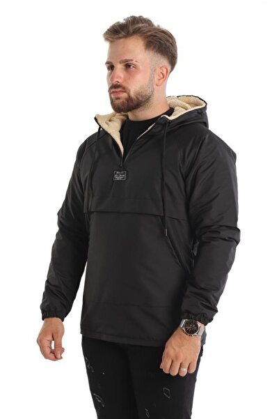GOOD FASHION Dar Kesim Içi Kürklü Kanguru Cep Erkek Yağmurluk Mont Siyah
