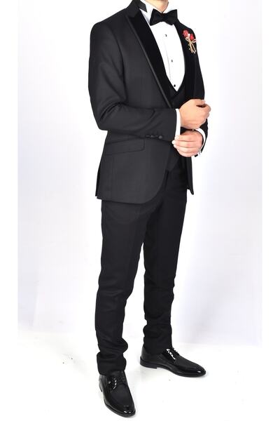 BİSSET 7034 Picasso Smokin Yelekli Damatlık Takım Elbise/siyah/50 Beden / 6 Drop