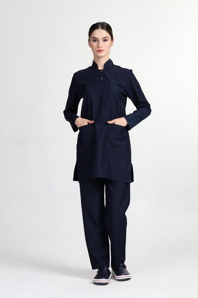 BAŞAK Kadın Lacivert Likralı Pamuk Tesettür Doktor Hemşire Forma Takımı