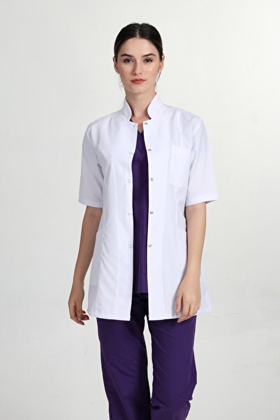 BAŞAK Women's White Short Sleeve Jacket Oversize Judge Collar Shirt