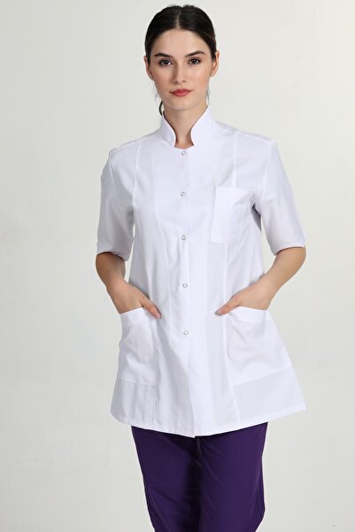 BAŞAK Women's White Short Sleeve Jacket Oversize Judge Collar Shirt