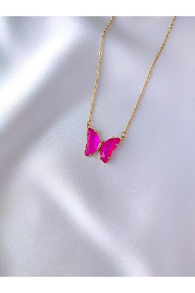Evorya Kadın Gold Paslanmaz Çelik Zincir Pembe Kristal Cam Kelebek Kolye