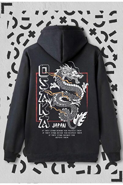 Jooy Company Hanorac negru unisex cu glugă cu imprimeu Osaka