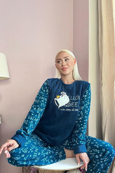 Pijamaevi Navy Blue Pillow Patterned Women's Plush Pajama Set