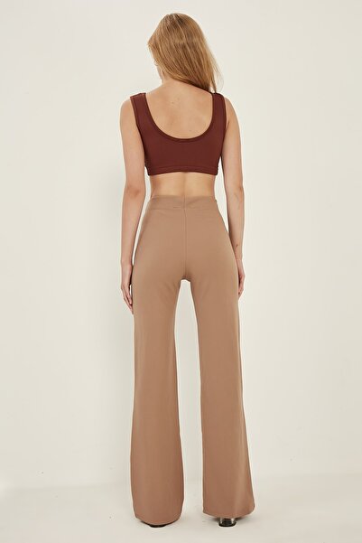 MEECY Women's Mink High Waist Chain Detailed Wide Leg Woven Trousers