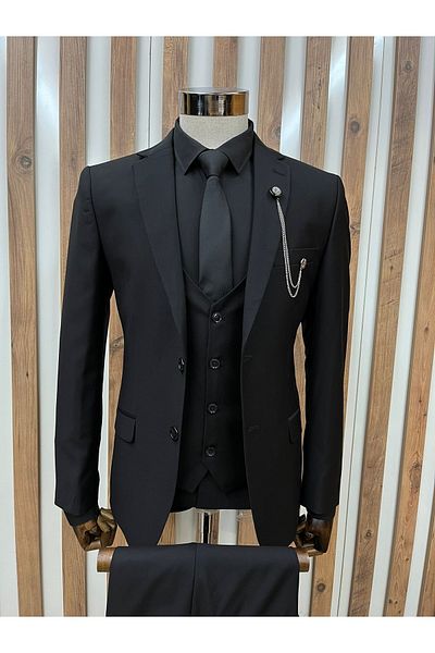 HÜRMEN Plain Black Viscose Vest Suit