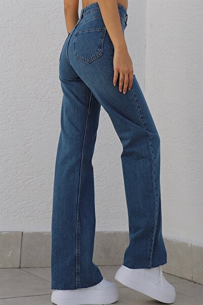 Trn JNS Serenity Ikon Indigo Blue Pantaloni largi din lycra pentru femei, anii 90, cu talie super înaltă, pantaloni palazzo din denim