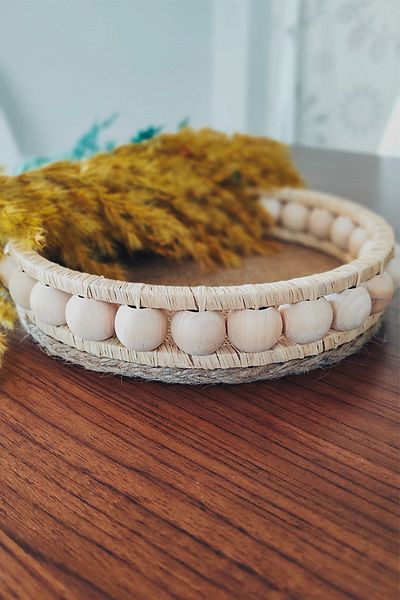 DEKOLOBİ Wicker Handmade Wooden Decorative Tray 20 cm