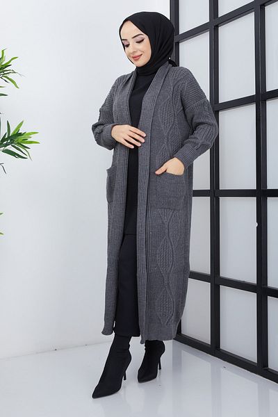 Pamuk Butik Γυναικεία Πλεκτή Ζακέτα με μοτίβο από ανθρακί με τσέπες