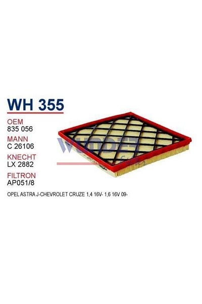 WUNDER فلتر هواء Wh355 - متوافق مع Opel Astra J-chevrolet Cruze 1.4 16v- 1.6 16v 09-