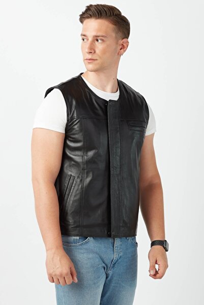 Deriza Γνήσιο δερμάτινο μαύρο δερμάτινο γιλέκο με γούνα εσωτερικά
