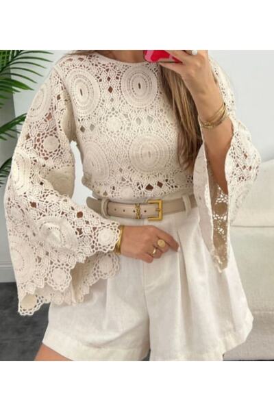 MELEK KOSTAK Kadın Bej Ispanyol Kol Lüx Kalite Tığ Örme Kroşe Bluz