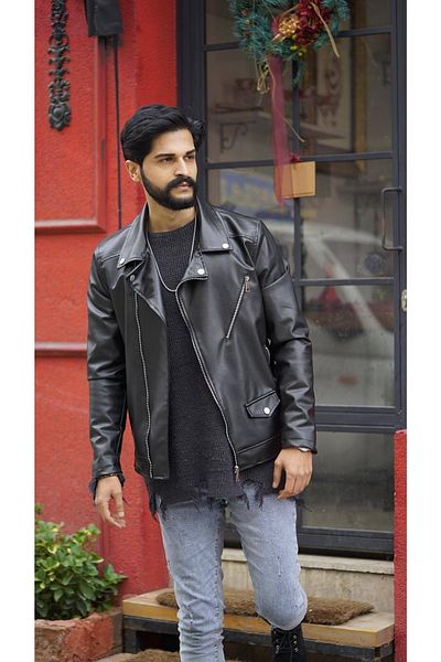 MFU collection Ανδρικό Μαύρο Slim Fit Slim Fit North Model Δερμάτινο Μπουφάν