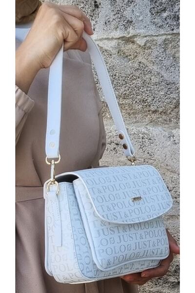 Just Polo حقيبة كتف وحقيبة كروس نسائية بيضاء بحزامين و3 أقسام