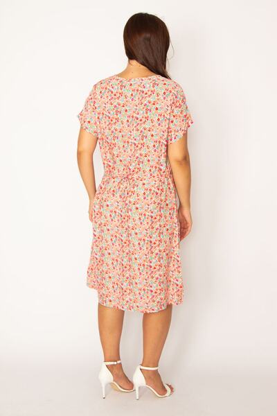 Şans Women's Large Size Powder Front Half Patch Buttoned Waist Belted Woven Viscose Fabric Dress 65n34325