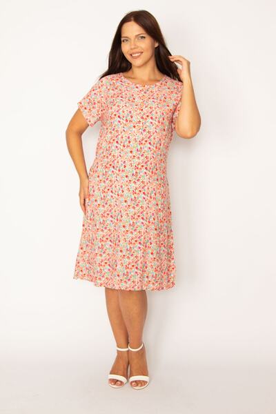 Şans Women's Large Size Powder Front Half Patch Buttoned Waist Belted Woven Viscose Fabric Dress 65n34325