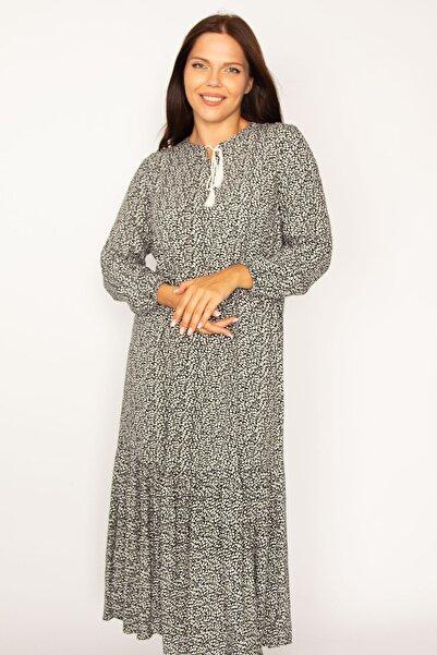 Şans Γυναικείο φόρεμα με μακρυμάνικο φόρεμα 65n34323, μεγάλου μεγέθους, μαύρη υφασμάτινη φούστα από βισκόζη