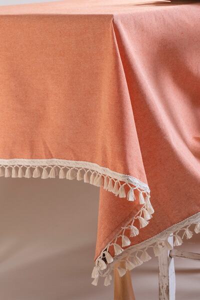 vivamaison Orange Colored Cotton Pompom Tablecloth