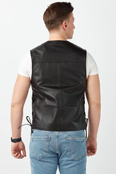 Deriza Μαύρο γιλέκο από γνήσιο δέρμα σε στυλ Biker