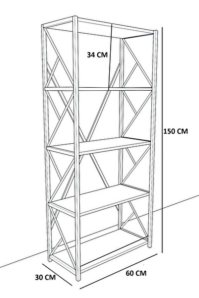 bodygym 5 Raflı Metal Kitaplık Modern Kitaplık Ofis Rafı Çok Amaçlı Metal Raf - Meşe