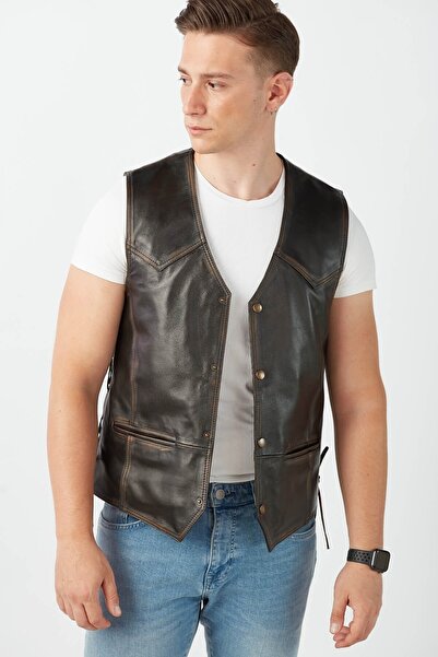 Deriza Елек от естествена кожа в винтидж стил байкър